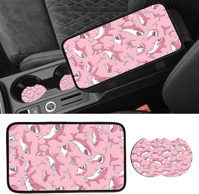 JANENFNA Car Armrest Cover Pads Universal Fashion Cute Auto Center Console Armrest Cover Pad with 2PCS Car Coasters Soft Waterproof Car Armrest Seat Protector for Women,Pink Shark Pattern