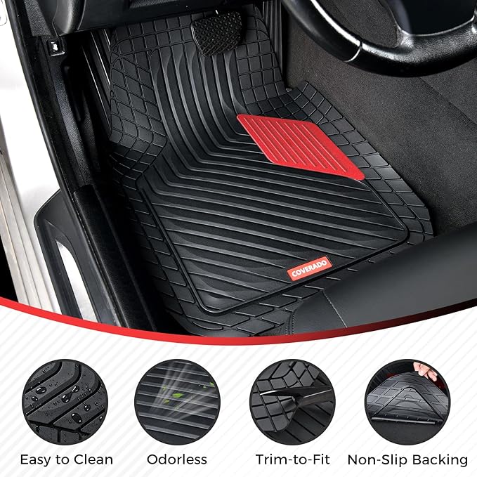 Coverado Heavy-Duty PVC Car Floor Mats Full Set – Red Metallic Heel Pad, All-Weather Protection for Front & Rear, Non-Slip Backing, Easy-to-Clean Liners, 4 Pcs