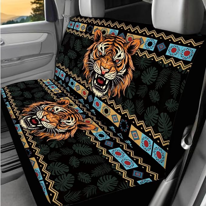 Dngkaoje Animal Tiger Car Seat Covers Full Set 13 Pcs Western Tiger Car Accessories Set with Steering Wheel Covers,Universal Collapsible Garbage Bin,Cup Holders,Armrest Cushion Pad