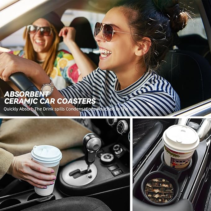 HUWAAI Cat Library Bookshelf Car Cup Holder Coasters 2 Pack Universal 2.63 Inch Anti Slip Ceramic Absorbent Coaster with Cork Base and Finger Notch Cute Car Accessories Interior for Women
