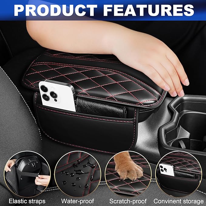 Car Center Console Cover Fit for Subaru Outback Leather Car Armrest Cover Cushion with 2 Pockets(Black&Redline)