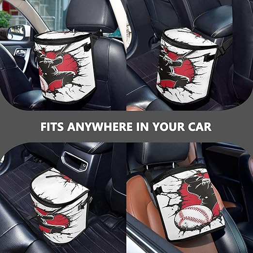 MNSRUU Car Trash Can with Lid, Baseball Player Hitting A Ball Car Trash Bag Hanging Organizers and Storage for Front Back Seat, Leak-Proof Trash Bin