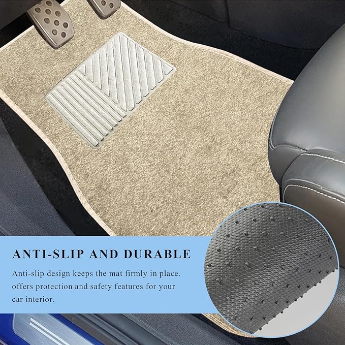 4PCS Car Floor Mats, Waterproof Non-Slip Car Floor Liners with Safety Heel Pad, All-Weather Wear-Resistant Mats Heavy Duty Universal Carpets for Truck SUV Van Sedan (Beige)