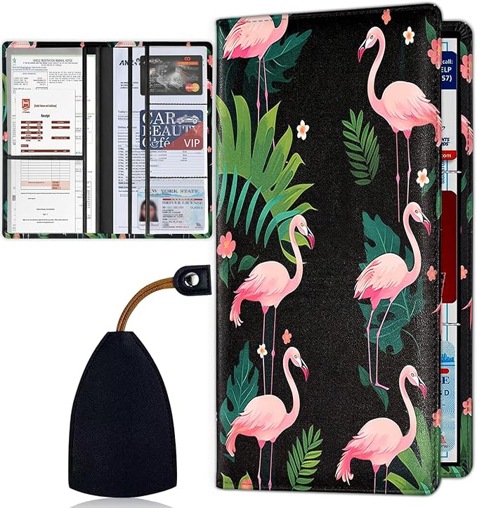 Car Registration Holder, Waterproof PU Leather Vehicle Card Document Glove Box Organizer, Women Interior Auto Accessories Case for Cards, Driver License Car Insurance Holder, Flamingo Pattern