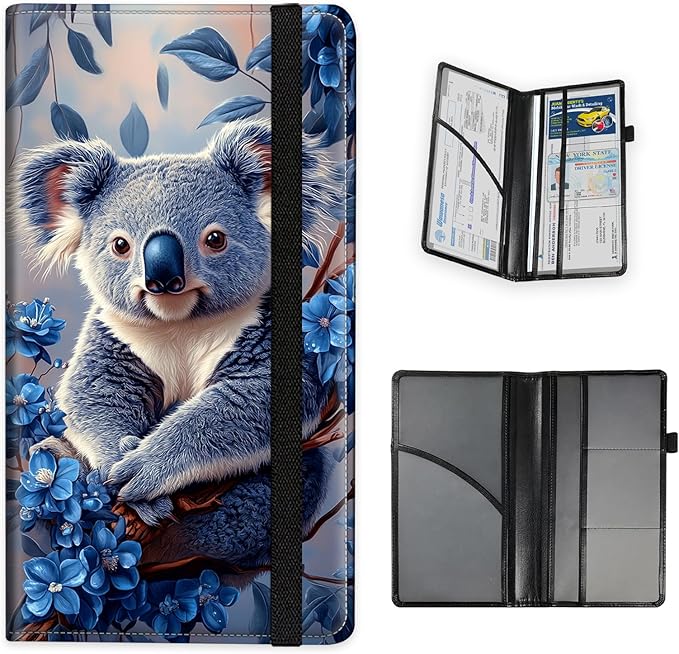 Tudguiloae Car Registration and Insurance Card Holder, Trunk Document Holder Organizer, Essential Vehicle Glove Box Organizer PU Leather Wallet for Driver,Blue Flower Koala