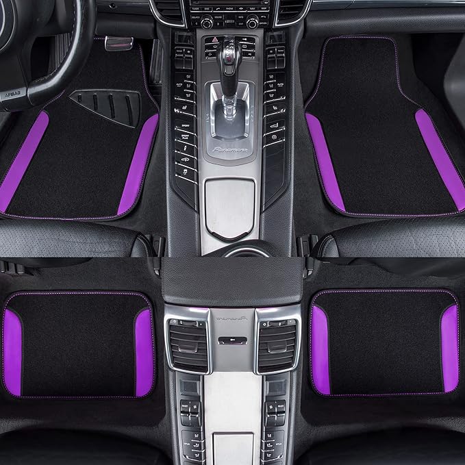 CAR PASS Waterproof Universal Fit Car Floor Mats, Faux Leather Car Carpet Mats with Anti-Slip Nibbs Backing & Driver Heel Pad Fit for SUV,Vans,sedans, Trucks,Set of 4pcs for Women (Black with Purple)