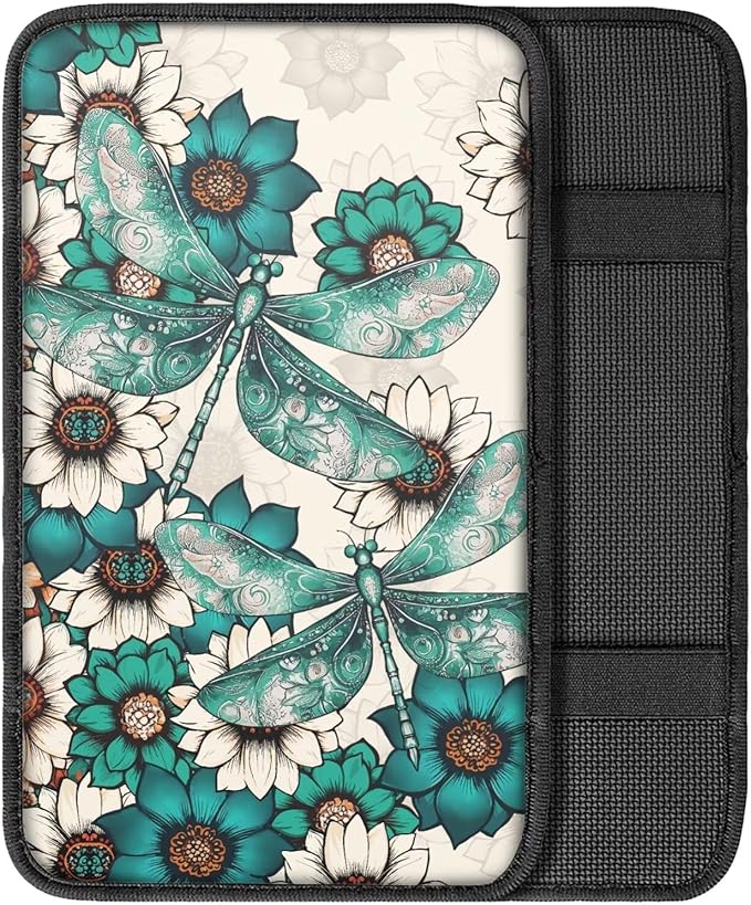Dahlia Dragonfly Center Console Cover for Cars Vintage Car Armrest Cover Auto Armrest Box Cover Floral Dragonfly Cars Interior Accessories for Vehicle Trucks SUV