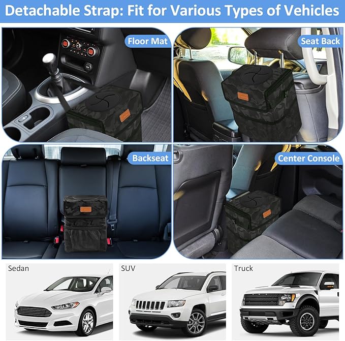 Car Trash Can Bin for Back Seat Leak Proof, Cute Car Trash Bag Hanging, Vehicle Trash Can for SUV Truck Van, Automotive Garbage Cans Front Seat Camo Black