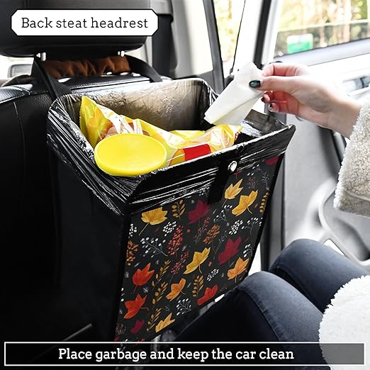 Car Trash Can Organizer Bin with Adjustable Strap for Back Front Seat Console Waterproof Leakproof Collapsible Portable 11 Inch Autumn Leaf Pattern Black