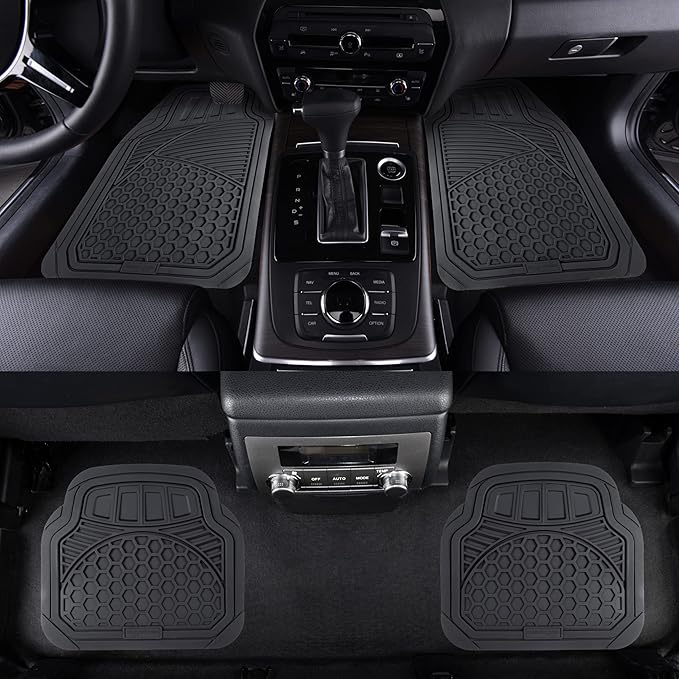 Amazon Basics Heavy Duty Thick PVC Car Floor Mats, Anti-Slip, Easy to Clean, Universal Trim-to-Fit All-Weather for Automotive SUV Sedans Trucks, 4-Piece, Solid Black