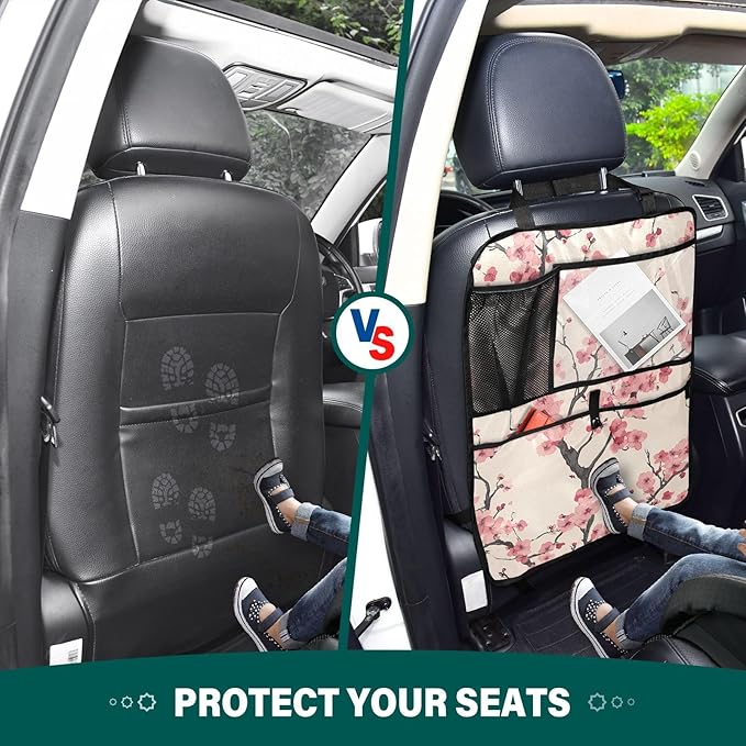 JIPONI Car Backseat Organizer, Japan Cherry Blossoms Automotive Back Seat Protector, Kick Mats with Storage Pockets for Kids Pets, Road Trip Accessories