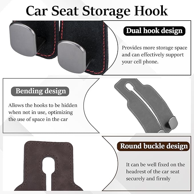 ecocstm Car Seat Headrest Hook, Vehicle Back Seat Headrest Hook, Car Purse Hook Car Seat Hooks for Hanging Grocery Bag, Purse, Car Seat Backrest Organizer, Tote Bag (Gray)
