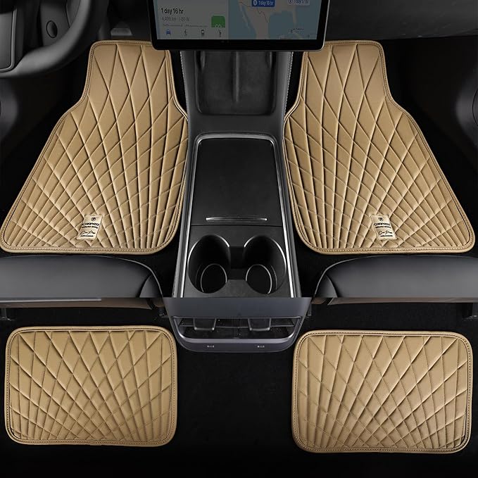 CAR PASS Luxury Faux Leather Floor Mats for Cars, Waterproof All Weather Car Mats Full Set, Anti-Slip Deluxe Automotive Floor Mats Universal Fit for Most SUV,Vans,Sedans,Trucks, 4 Piece Beige