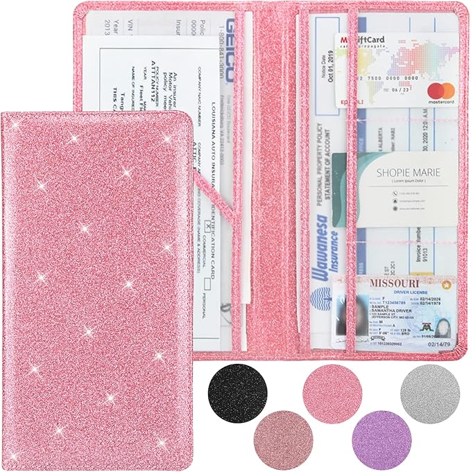 Car Registration and Insurance Holder, Premium Leather Insurance and Registration Holder,vehicle Glove Box Car Organizer, with Magnetic Shut for Cards, Driver License (Glitter Pink)