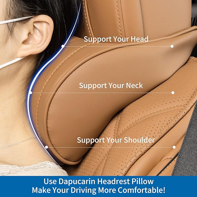 Dapucarin Car Headrest Memory Foam Neck Pillow for Driving with Leather Cover Soft Comfortable Seat Head Pillow Cushion for Most Cars SUV Sedan Home Office Palomino Brown (1PC)