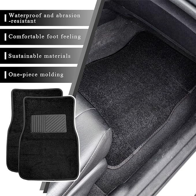 4PCS Car Floor Mats, Anti-Slip Waterproof Car Carpets with Safety Heel Pad, Heavy Duty Floor Mat for All Weather Protection, Universal Trim to Fit for Sedans Trucks SUVs (Black)