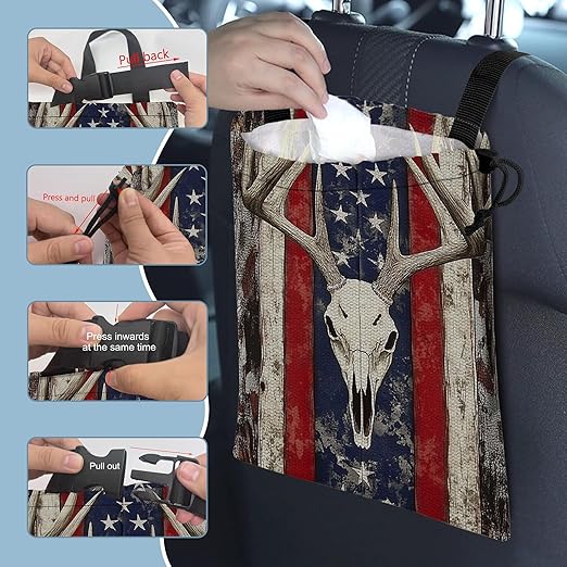 Bucks Antlers Skull Car Garbage Bag,American Flag Small Car Trash Bag Hanging Back of Seat,Drawstring Car Trash Bag with Adjustable Buckle,Car Accessories for Camping Travelling