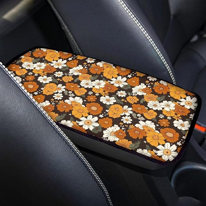 Mintutlipy Hippie Flower Orange Car Center Console Cover Car Armrest Cushion Cover Universal Car Accessories Compatible with Most Cars
