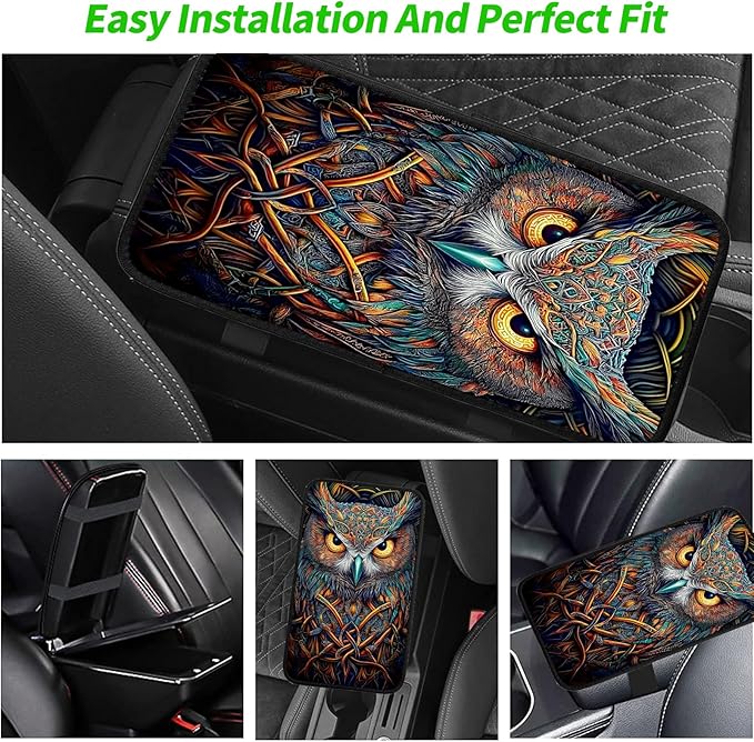 JANENFNA Car Armrest Cover Pads Universal Fashion Cute Auto Center Console Armrest Cover Pad with 2PCS Car Coasters Soft Waterproof Car Armrest Seat Protector for Women,Colorful Owl
