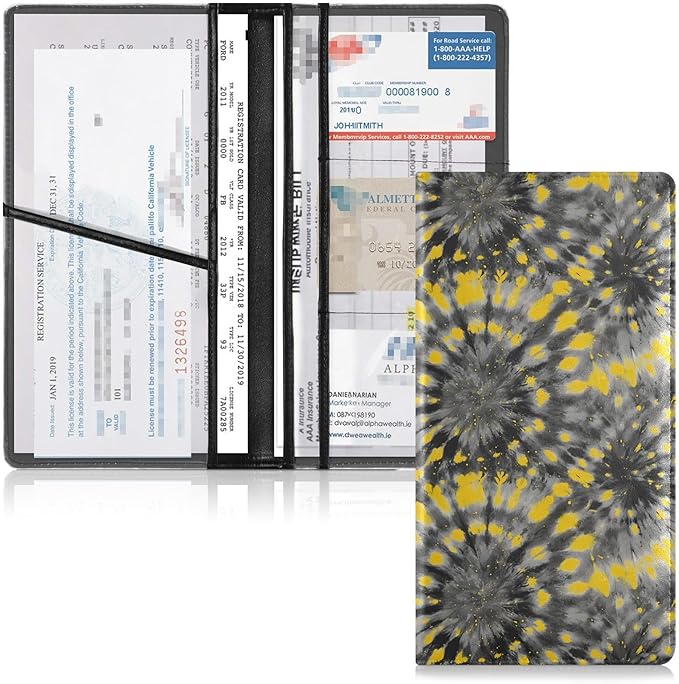 ALAZA Yellow Grey Tie Dye Car Registration and Insurance Card Holder Vehicle Glove Box Car Organizer Driver License Documents Holder Waller Case Organizers