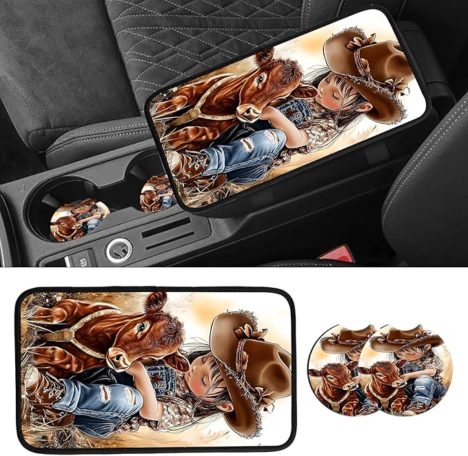 JANENFNA Car Armrest Cover Pads Universal Fashion Cute Auto Center Console Armrest Cover Pad with 2PCS Car Coasters Soft Waterproof Car Armrest Seat Protector for Women,Girl Baby Cow