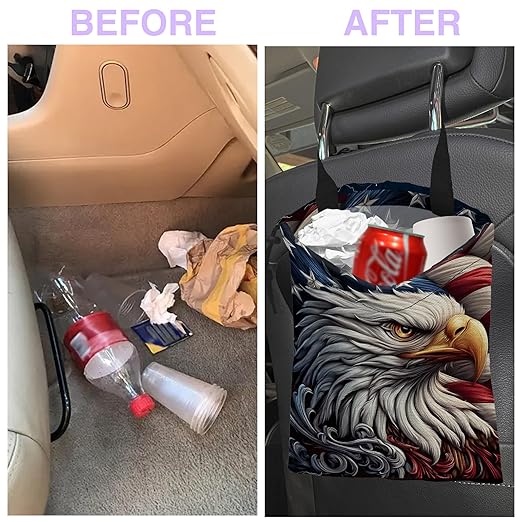 Car Trash Bag Eagle American Flag Car Garbage Bag Waterproof Car Trash Can for Back Seat with Adjustable Straps and Drawstring, Foldable Car Trash Bin for Car Accessories Vehicle Travelling Camping