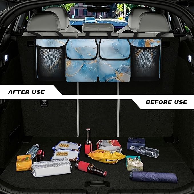 CLOHOMIN Blue Marble Print Car Trunk Organizer Sturdy Backseat Hanging Organizer Collapsible Backseat Storage Organizer for Car Easy to Install Car Organizer Bag
