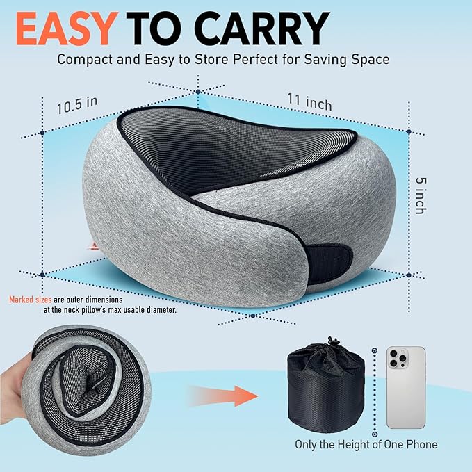 HWGIZP Travel Pillow | High-Density Memory Foam Pillow with 360° Surround Support. Ergonomically Designed. Ideal for Airplane Travel and Home Use.