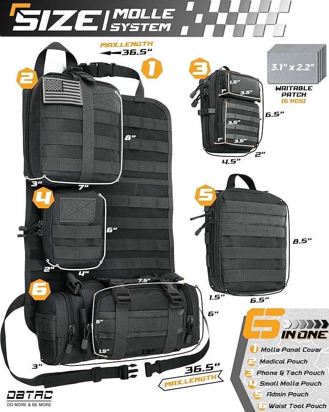 DBTAC Tactical Molle Car Seat Organizer | Vehicle Back Panel with 5X Detachable Pouches, US Flag & Writable Reflective Patch for Cars, Trucks, SUVs, Sedans