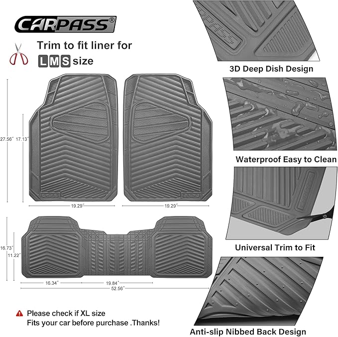 CAR PASS Rubber Car Mats, Waterproof Car Floor Mats All Weather,Car Mat Full Set 3 Piece, Grey Automotive Floor Mat Trim to Fit for Cars Sedan SUVs Trucks, Anti-Slip Easy Clean, All Gray