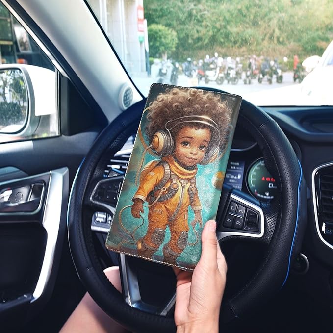African American Black Girl Astronaut Car Registration and Insurance Holder Vehicle Glove Box Organizer Car Accessories Wallet Case for Women Men 202a1110
