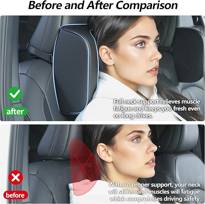 Dapucarin Car Headrest Pillow U-Shaped, Memory Foam Head Neck Support Cushion for Driving, Leather Head Rest Travel Pillows for Sleeping, Breathable Removable Cover, Black, 1 Pack
