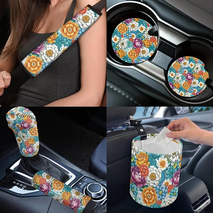 Dngkaoje Blossom Lotus Car Seat Covers Full Set 13 Pcs Universal Car Interior Accessories Hippie Flower Steering Wheel Covers Armrest Pads Handbrake Gear Cover,Fit for Most Truck SUV