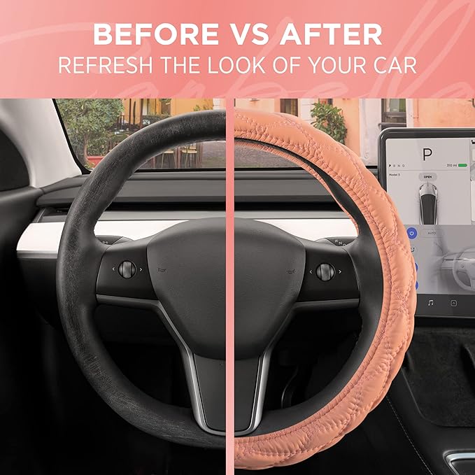 Carbella Coral Pink Stitched Leather Steering Wheel Cover for Women, Standard 15 Inch Size Fits Most Vehicles, Cute Faux Car Steering Cover with Diamond Double-Stitch Detail, Car Accessories for Women