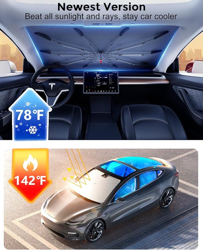 [Upgrade] DMJN Umbrella Windshield Sun Shade, [Nano-Ice-Crystal Coatings] Umbrella Sunshade for Car - Protect Interior from UV & Keep Car Cooler (Small)