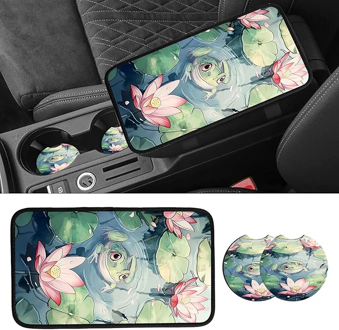 JANENFNA Car Armrest Cover Pads Universal Fashion Cute Auto Center Console Armrest Cover Pad with 2PCS Car Coasters Soft Waterproof Car Armrest Seat Protector for Women,Cute Frog in Pond