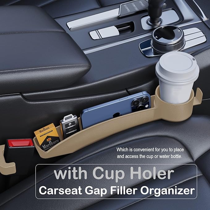 Car Seat Gap Plug with Storage Slot, Auto Gap Filler Organizer with Cup Holder, Universal Carseat Side Gap Filler Strip 2 Pack Between Front Seats & Console, Anti-Drop Pad with Seatbelt Holes, Beige