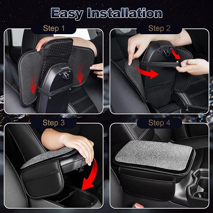 YORKNEIC Bling Center Console Cover Fit for Ford Bronco Sport: Armrest Cover with 2 Storage Pockets, Crystal Rhinestone Car Arm Rest Cover Pad Design for Protection(Silver Diamond)