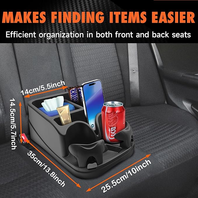 Keyiduid Car Console Organizer, Car Seat Organizer with 2 Adjustable Cup Holders, Center Console for Cars, Trucks, Minivans, SUVs, Vehicle Organizer, 3 Large Storage Compartment (Black)