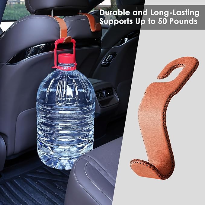 AMVOYOA Leather Hooks for Headrest - Fully Leather-Wrapped U-Shaped Purse Holder for Car, Flexible Seat Back Organizer & Durable Car Accessories for Purses, Bags, Coats & More (Brown, 2 Pack)