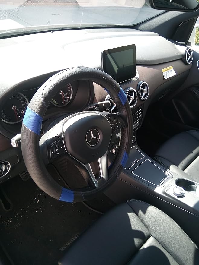 Jdragon Black & Blue PU Leather Best Grip Slip-On Steering Wheel Cover 14.25-15" Diameter