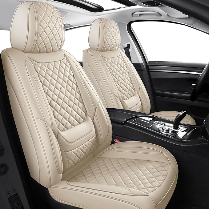 hoozoom Leather Seat Covers for Cars Breathable Front Seat Covers Waterproof Seat Protectors Universal Fit for Most Automotive Cars SUV Trucks Van (Beige, Front Pair)
