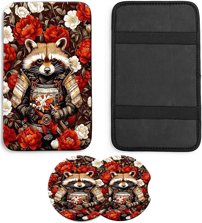 JANENFNA Car Armrest Cover Pads Universal Fashion Cute Auto Center Console Armrest Cover Pad with 2PCS Car Coasters Soft Waterproof Car Armrest Seat Protector for Women,Raccoon Warrior