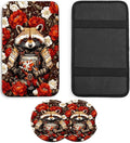 JANENFNA Car Armrest Cover Pads Universal Fashion Cute Auto Center Console Armrest Cover Pad with 2PCS Car Coasters Soft Waterproof Car Armrest Seat Protector for Women,Raccoon Warrior