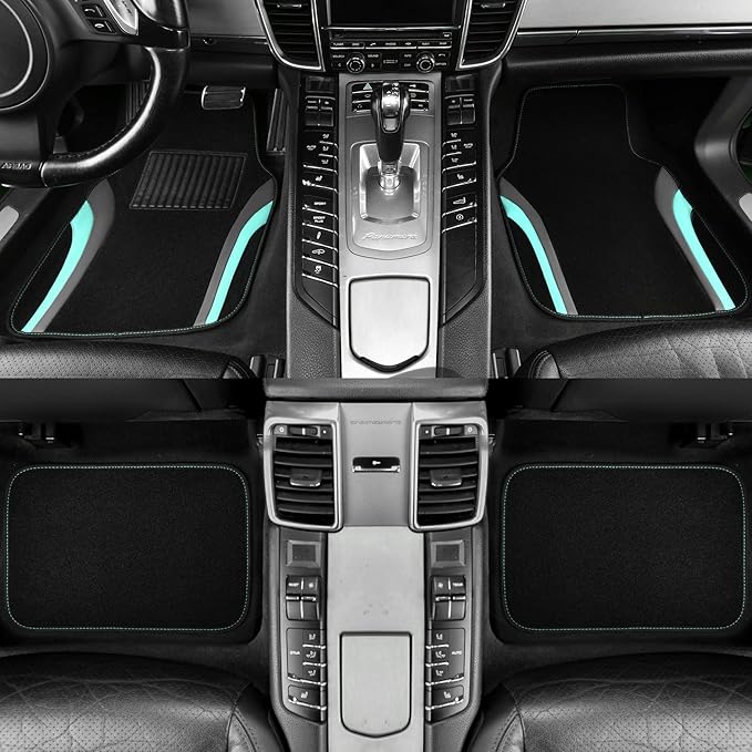 CAR PASS Leather Sporty Car Floor Mats Carpet, Universal Waterproof Automotive Floor Mat Fit for Sedans, Cars, Mid Trucks, Vans, SUV, Set of 4 (Black and Mint)