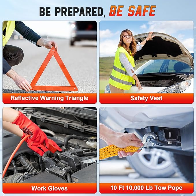 VEIYIE Roadside Emergency car kit for Vehicles, Car First Aid Emergency kit with Portable Air Compressor, Heavy Duty Jumper Cables, Tow Strap, Road Trip Essentials Safety kit, New Driver Gifts
