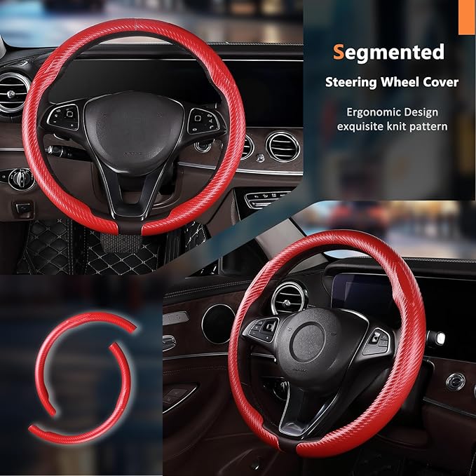 Aimato Carbon Fiber Steering Wheel Cover 2 Piece Non-Slip Clip on Steering Wheel Cover,Ultra-Thin Breathable,Universal Fit 14.5"-15" Wheel,Matte Red