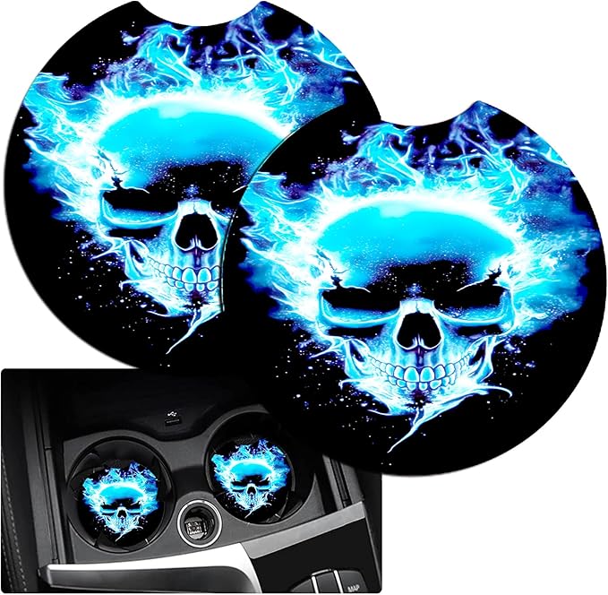 JANENFNA Car Armrest Cover Pads Universal Fashion Cute Auto Center Console Armrest Cover Pad with 2PCS Car Coasters Soft Waterproof Car Armrest Seat Protector for Women,Blue Flame Skull