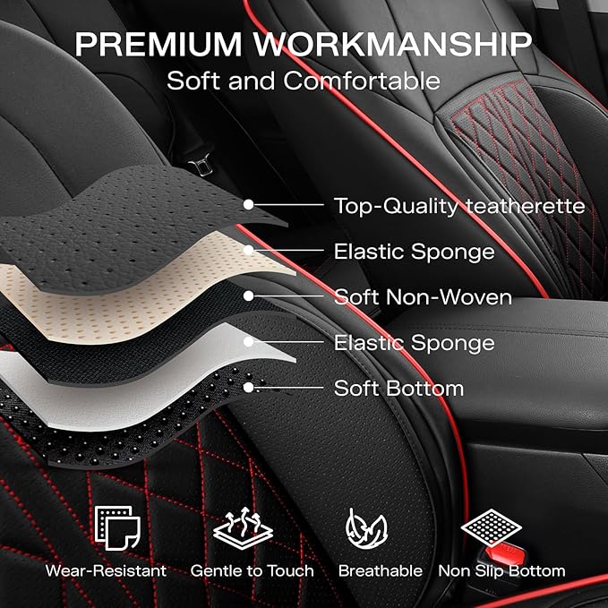 DuDuWang Seat Covers Custom Fit for 2024-2025 Tacoma Pickup Truck Seat Cover Protector Cushion with Faux Leather Waterproof (BlackRedLine, Full Set)