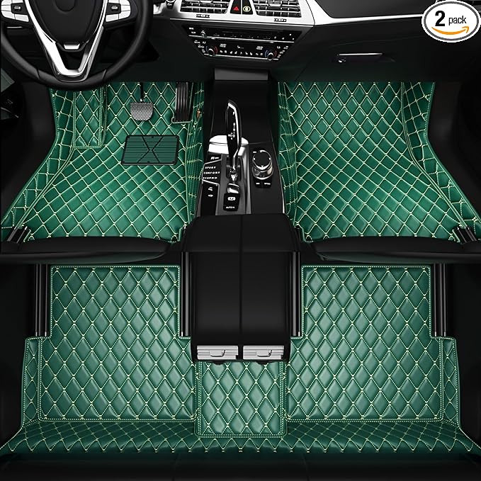 All-Weather car Floor MATS-Suitable for 99% of car Models,Leather car mat, offering Personalized Embroidery and Multiple Color Options,Provide Protection for car Rug (Green-Beige)